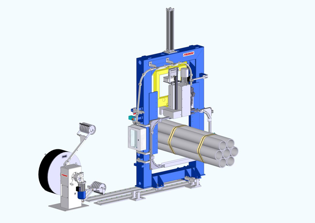 Steel strapping machine for tubes, pipes and bundles
